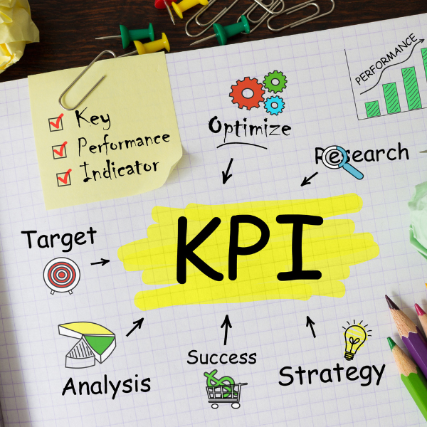 Illustration of Key Performance Indicators (KPI) with business elements like target, analysis, research, strategy, and success optimization.