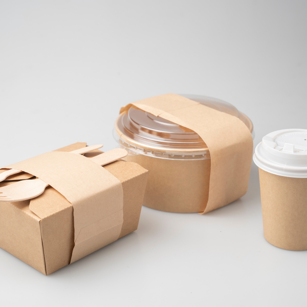 packaging box, bowl with lid and coffee cup