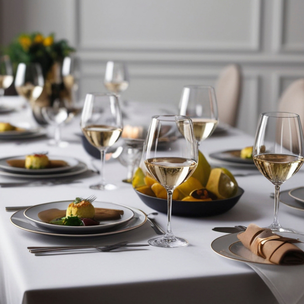 a fully set dining table with food and wine