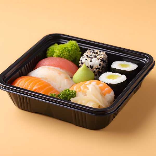 food arranged in a black takeout box