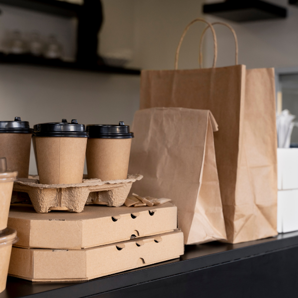 paper cups, coffee cups, paper bags, pizza boxes