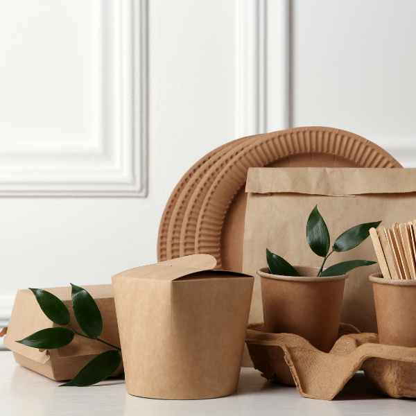 takeout packaging containing plates, cups, containers and bags