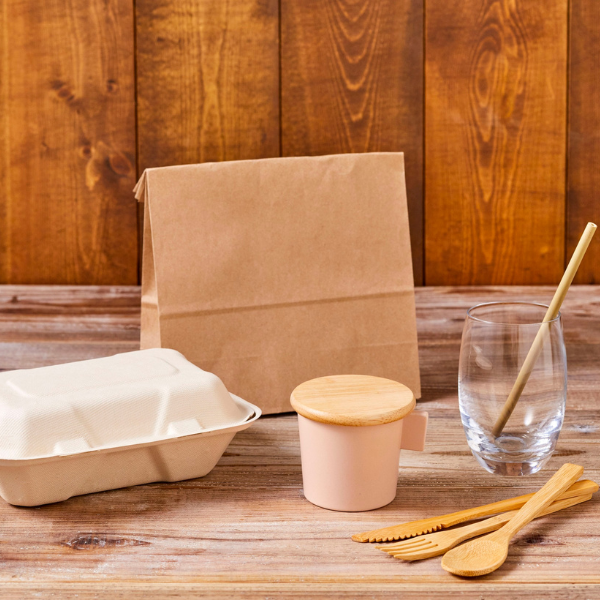 takeout bag, box, cup and cutlery