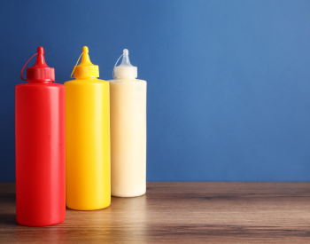 squeeze bottles in red, yellow and white