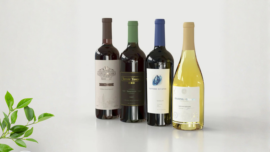 Four wine bottles on grey background with custom brand logo labels