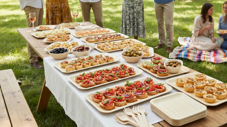 A table in a park, with disposable serving trays and utensils and a lot of food , people drinking and enjoying