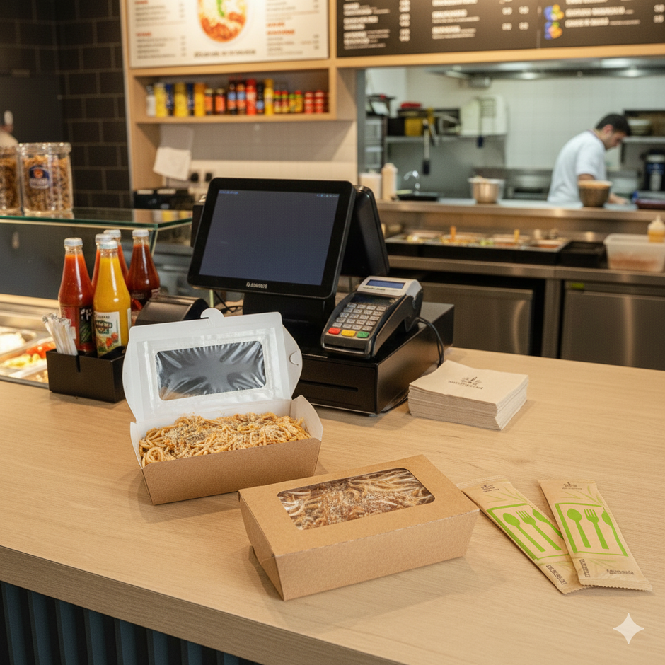 disposable lunch box with food on a wooden table