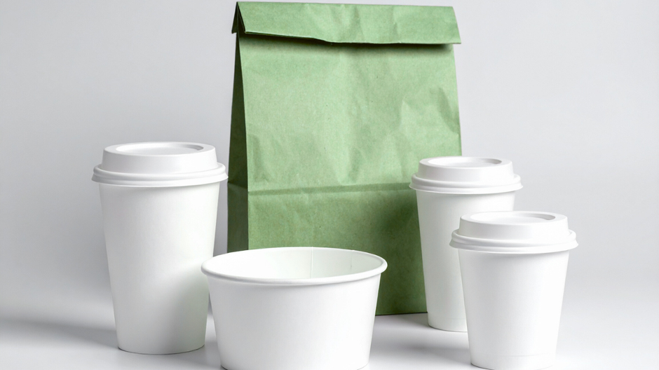 Green bag, disposable soup bowls with lid and different sizes of bowls 