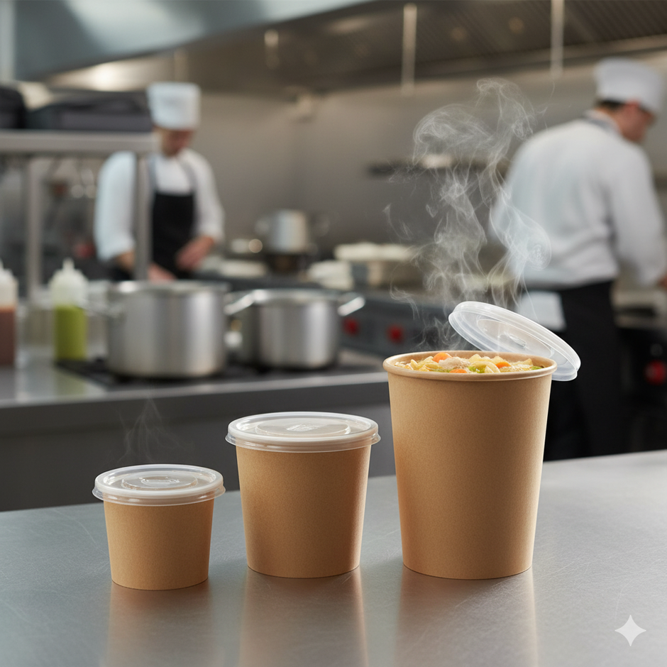 Three disposable soup containers (small, medium, and large) with clear plastic lids, set on a wooden countertop in a commercial restaurant kitchen.