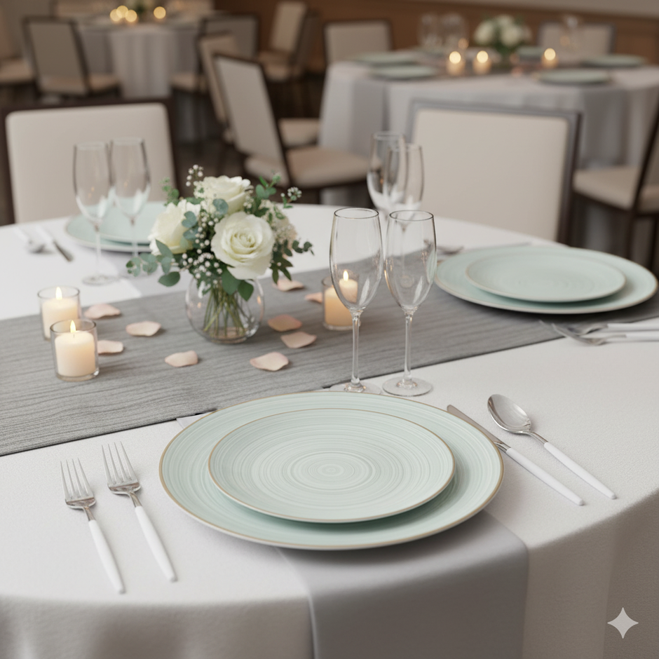 Wedding table setting with light teal and gold-rimmed plates, silver utensils, champagne flutes, white roses, and lit candles on a white tablecloth with a grey runner.