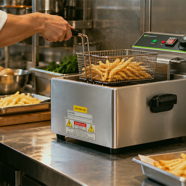 Electric fryers in stainless steel with single and dual tanks, fry baskets, and night covers