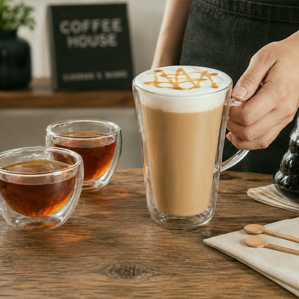 Glass Coffee Mugs, Cappuccino Cups, and Saucers