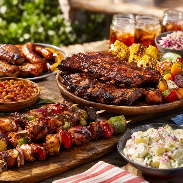 Grilled BBQ platters and skewers prepared for 4th of july restaurant specials and patio cookouts