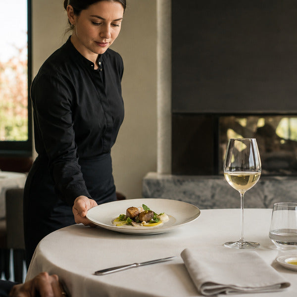 Server demonstrating fine dining etiquette while presenting a dish at an upscale restaurant table