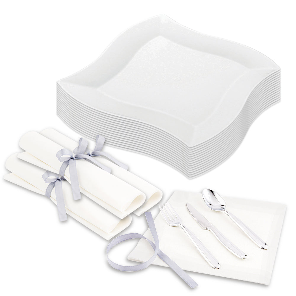 100 Square White 7" Plastic Medium Aqua Plates and 100 Moderna Silver ...