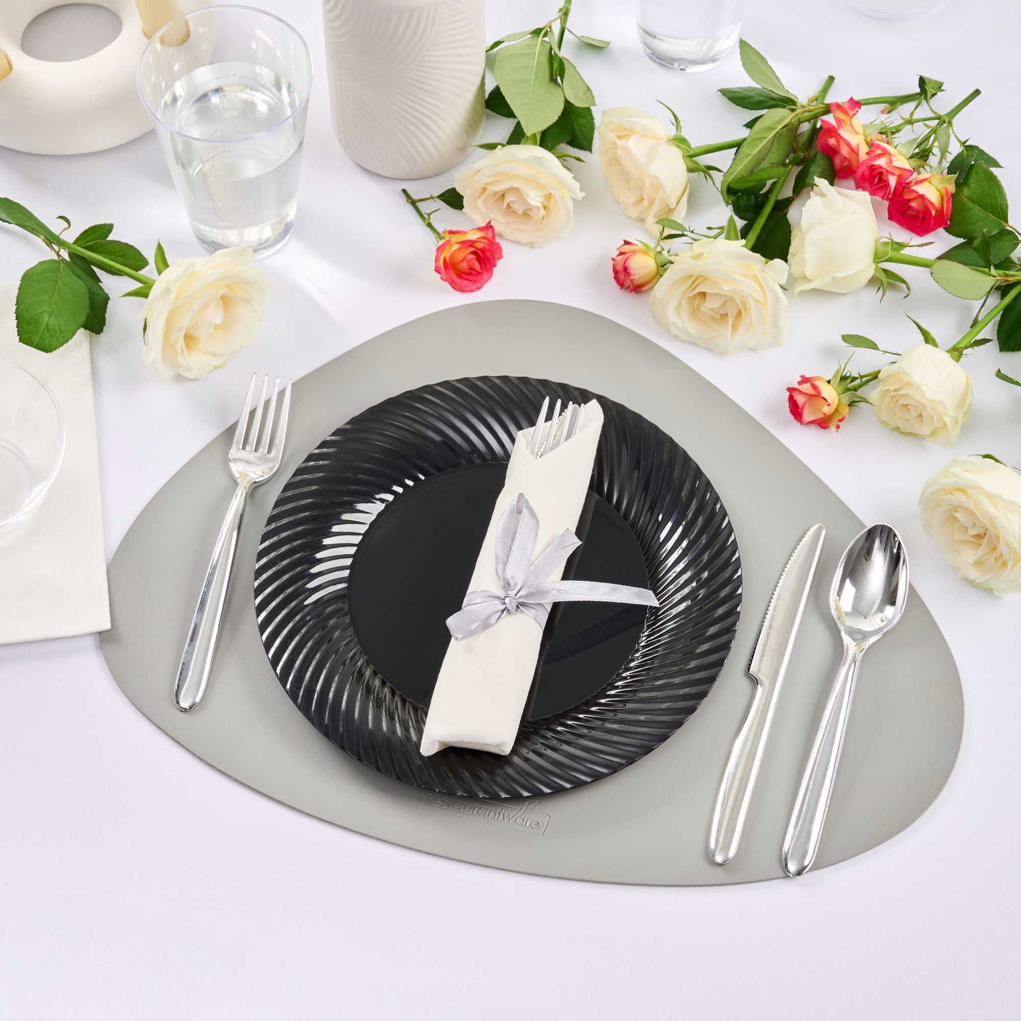 Maxi Serve 100 Round Black 7" Plastic Medium Elegant Plates and 100 Moderna Silver Plastic Cutlery Sets