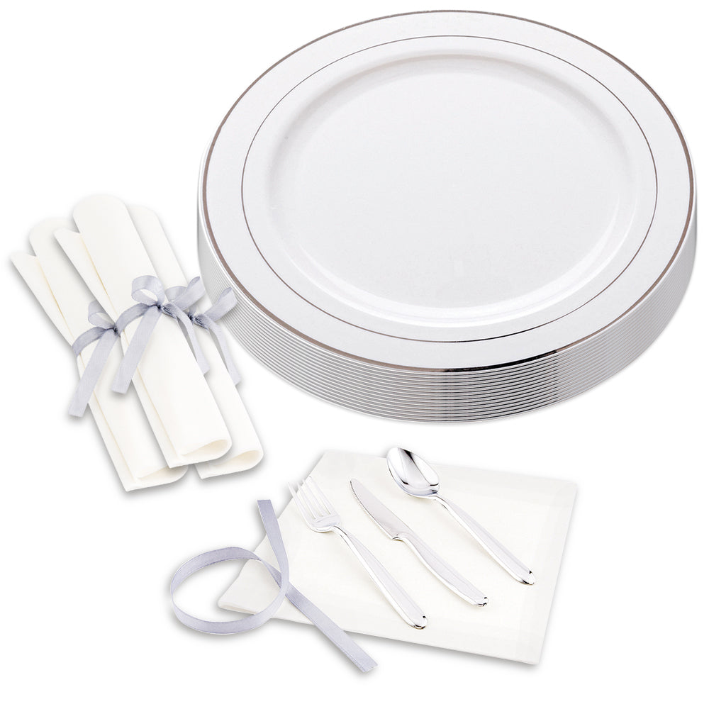 100 Round White 10 1/2" Plastic Silver-Rimmed Plates and 100 Moderna ...