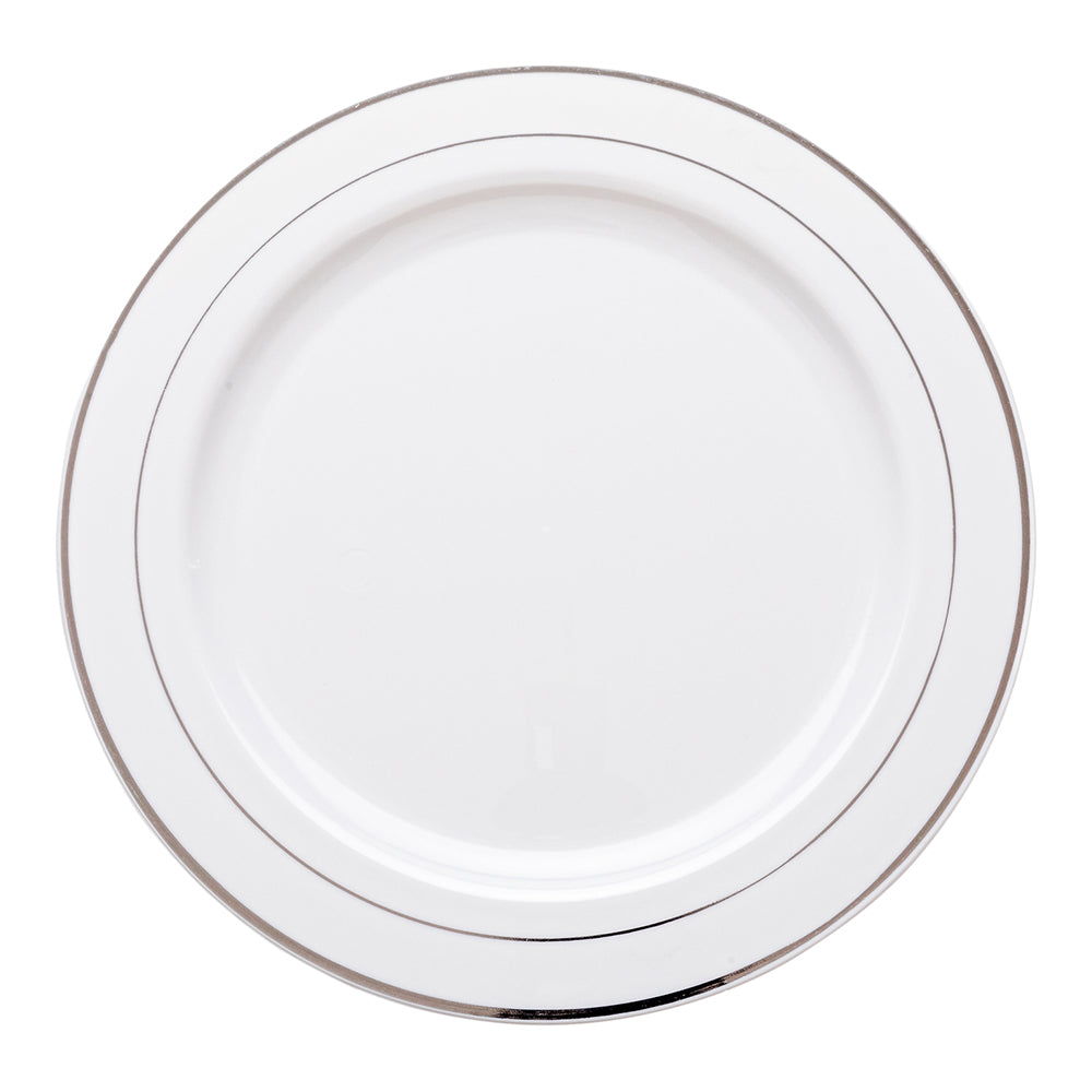100 Round White 10 1/2" Plastic Silver-Rimmed Plates and 100 Moderna ...