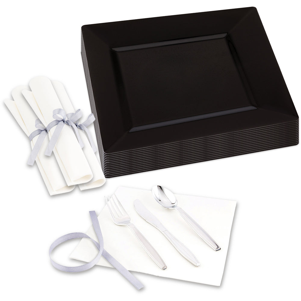 Maxi Serve 100 Square Black 10 3/4" Plastic Dinner Plates and 100 ...