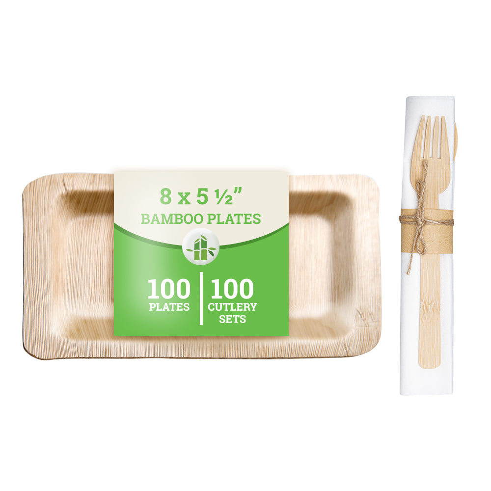 Bambuddha 100 Rectangle Natural 8" Bamboo Plates and 100 Natural Bamboo Disposable Flatware Sets