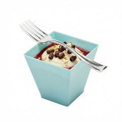 Mini Serve 100 2 oz Square Baby Blue Plastic Mini Kova Cups and 100 Silver Plastic 4