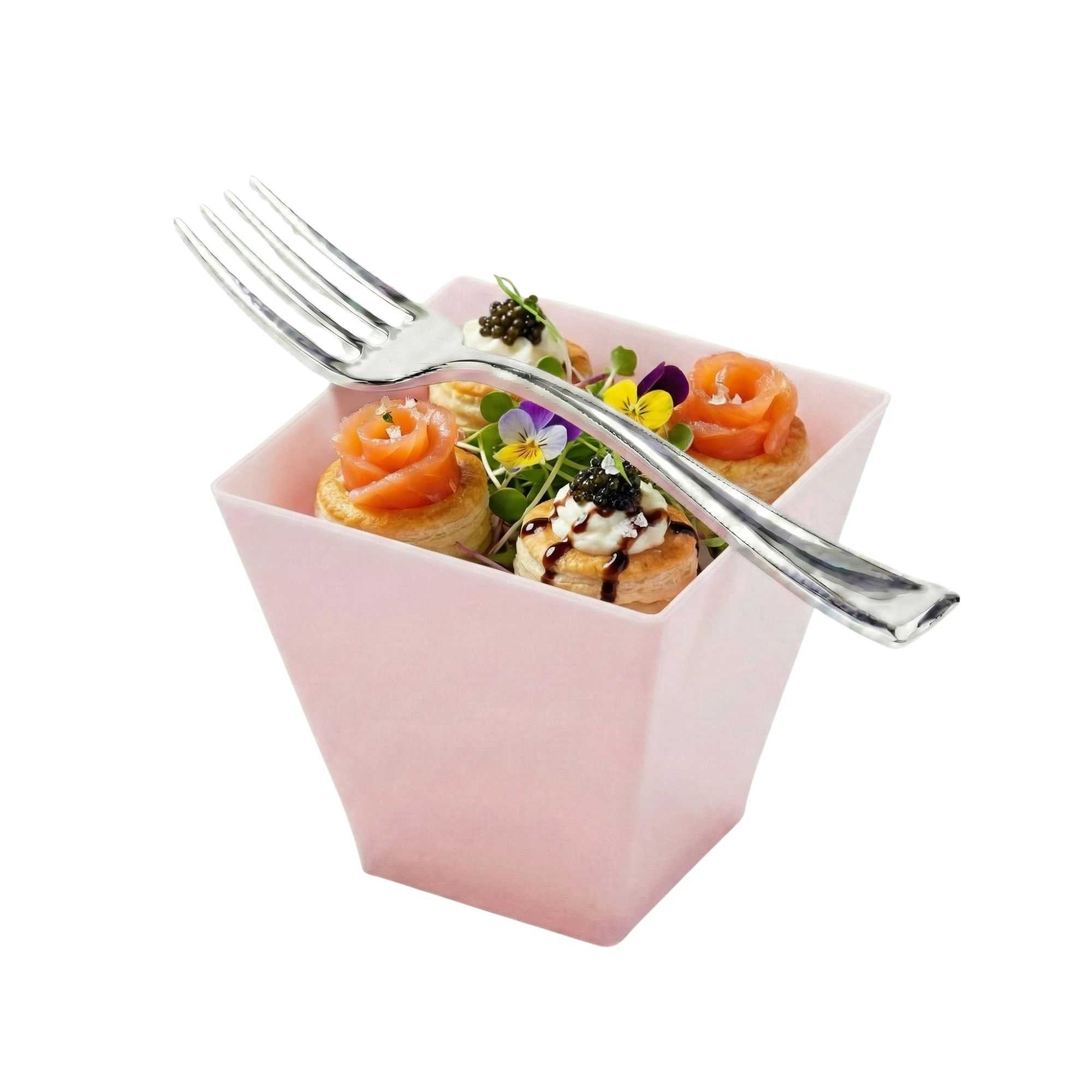 Mini Serve 100 2 oz Square Powder Pink Plastic Mini Kova Cups and 100 Silver Plastic 4" Mini Forks