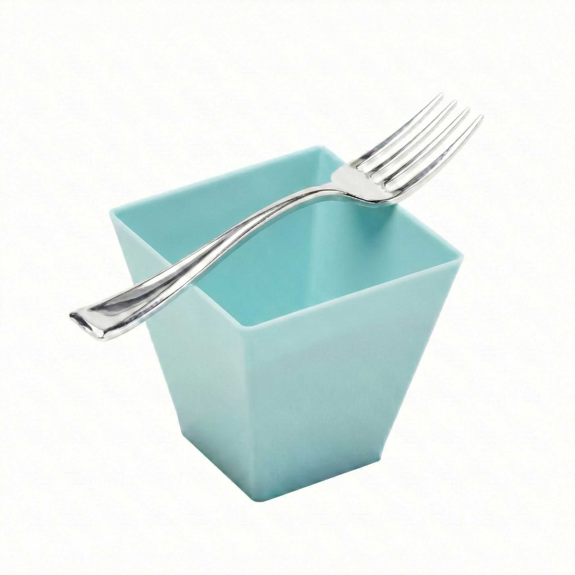 Mini Serve 100 8 oz Square Baby Blue Plastic Large Kova Cups and 100 Silver Plastic 4" Mini Forks