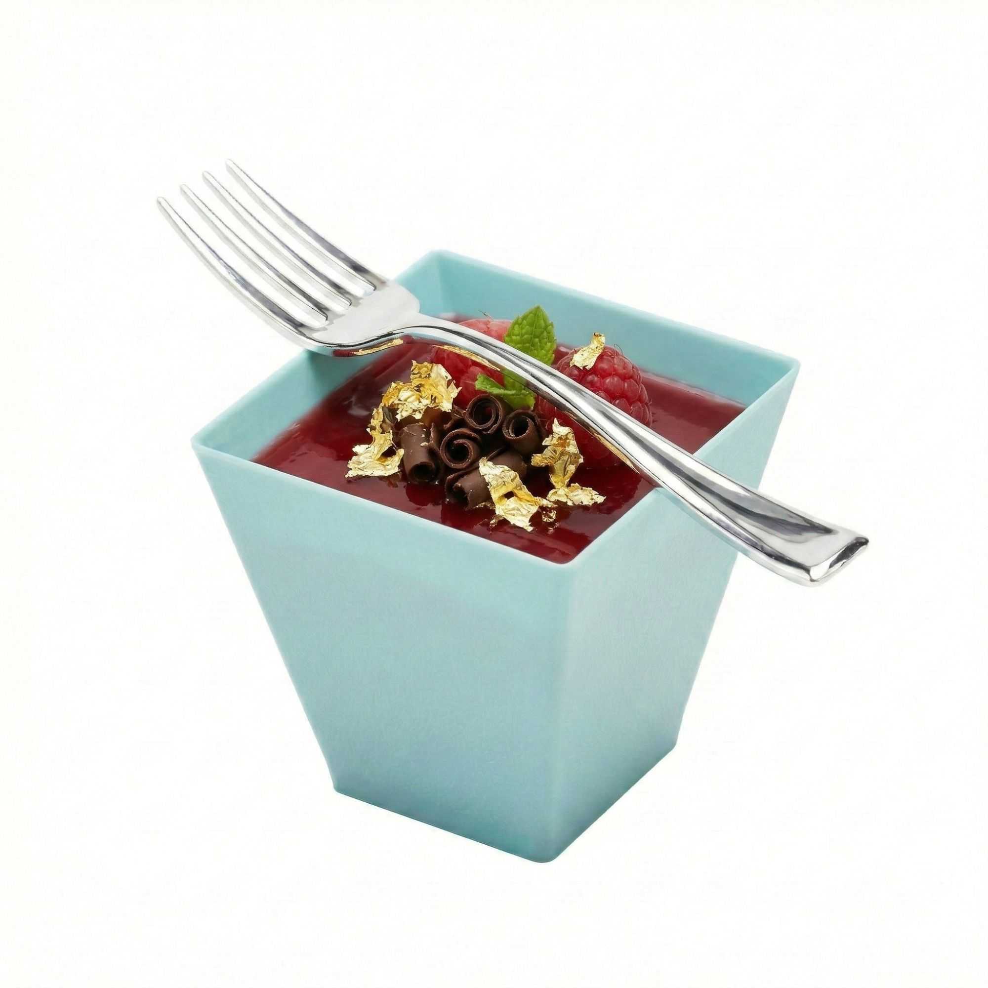 Mini Serve 100 8 oz Square Baby Blue Plastic Large Kova Cups and 100 Silver Plastic 4" Mini Forks