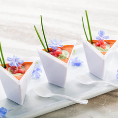 Mini Serve 100 4 oz Triangle White Plastic Torcente Dessert Cups and 100 Silver Plastic 4