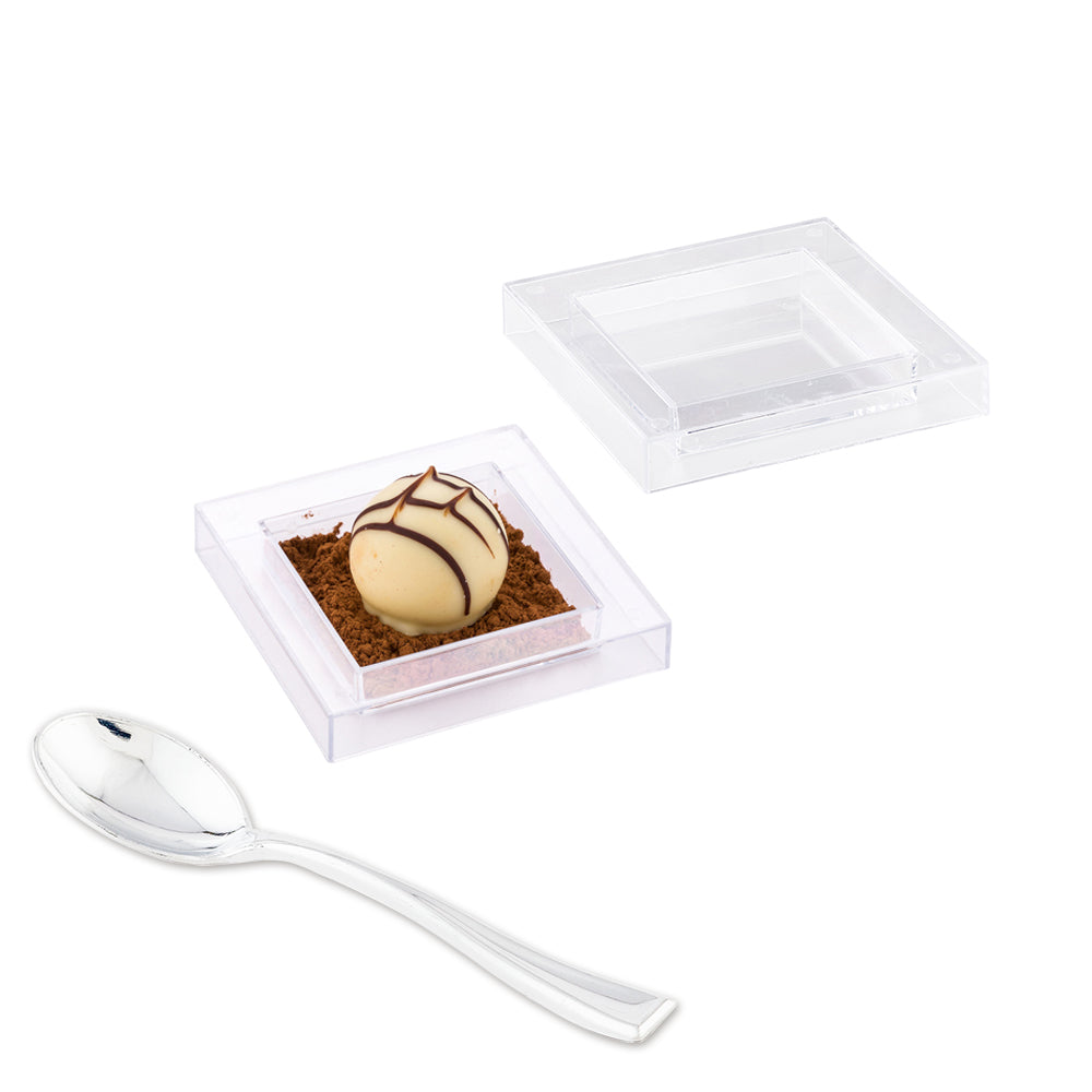 Mini Serve 100 Square Clear 2.5" Plastic Mini Cubic Plates and 100 Silver Plastic 4" Mini Spoons
