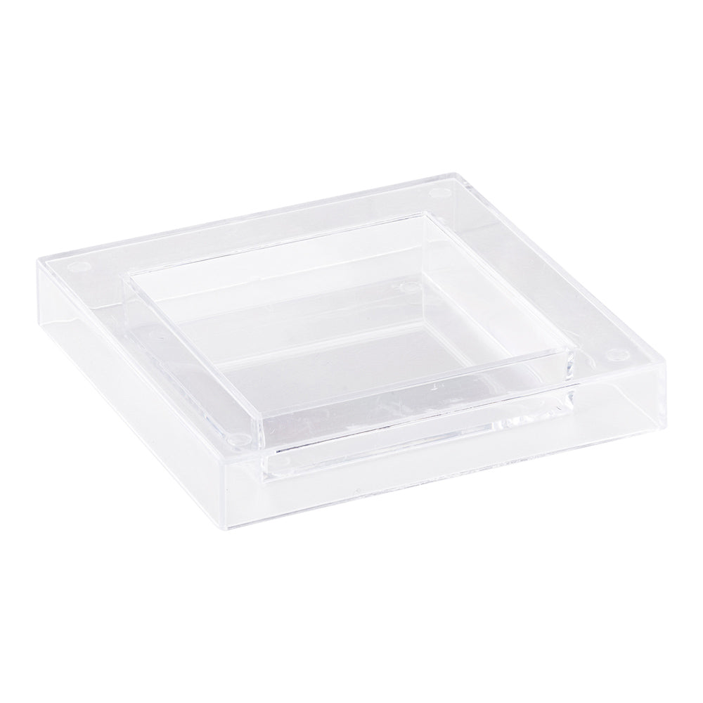 Mini Serve 100 Square Clear 2.5" Plastic Mini Cubic Plates and 100 Silver Plastic 4" Mini Spoons