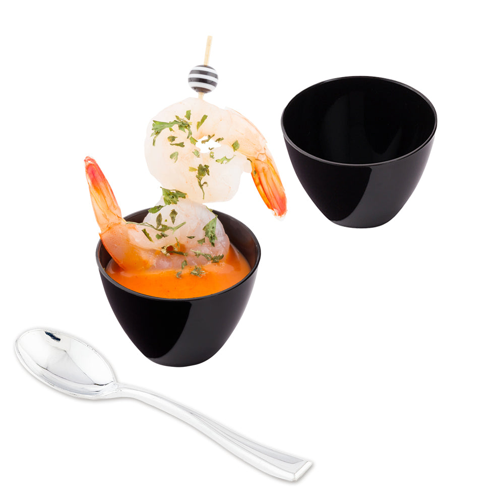 Mini Serve 100 2 oz Round Black Plastic Mini Tasting Bowls and 100 Silver Plastic 4" Mini Spoons