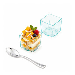 Mini Serve 100 3 oz Square Seagreen Plastic Quadrato Cups and 100 Silver Plastic 4
