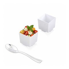 Mini Serve 100 3 oz Square White Plastic Quadrato Cups and 100 Silver Plastic 4