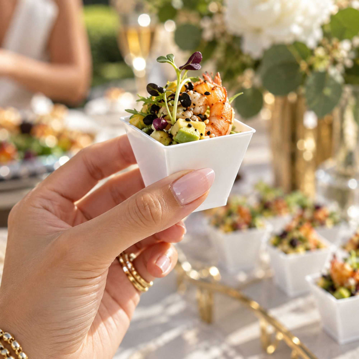 Mini Serve Bundle: 100 2 oz Square White Plastic Mini Kova Cups with 100 Silver Plastic 4" Mini Spoons