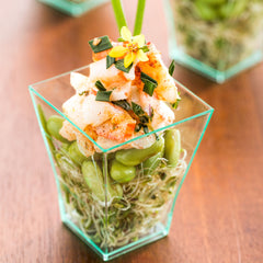 Mini Serve Bundle: 100 2 oz Square Seagreen Plastic Bonito Cups with 100 Silver Plastic 4