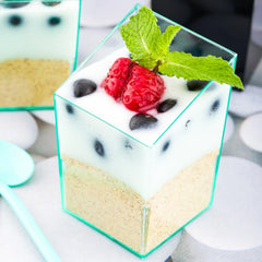 Mini Serve Bundle: 100 3 oz Square Seagreen Plastic Incline Cups with 100 Silver Plastic 4