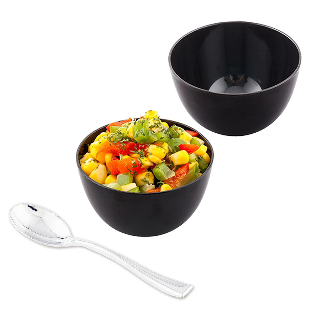 Mini Serve 100 4 oz Round Black Plastic Bodega Cups and 100 Silver Plastic 4" Mini Spoons
