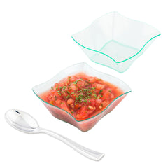 Mini Serve 100 6 oz Square Seagreen Plastic Aqua Bowls and 100 Silver Plastic 4