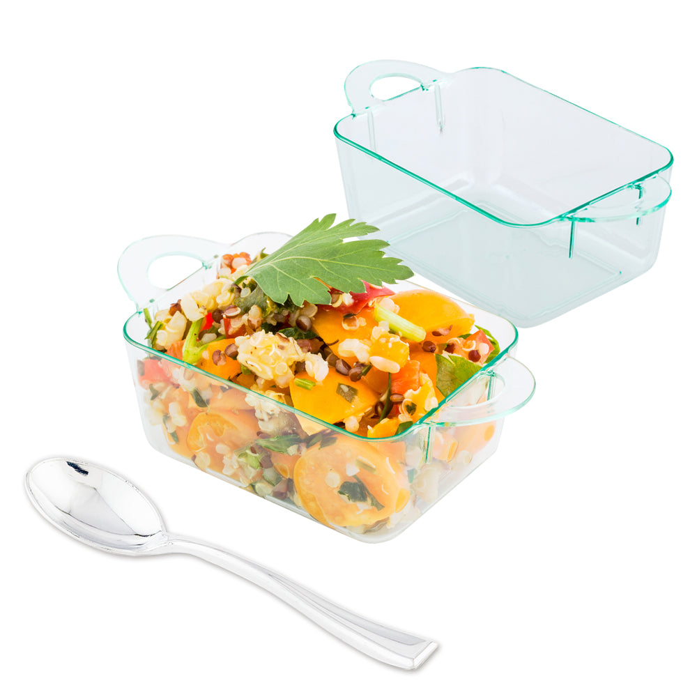 Mini Serve 100 3 oz Rectangle Seagreen Plastic Cocottes and 100 Silver Plastic 4" Mini Spoons