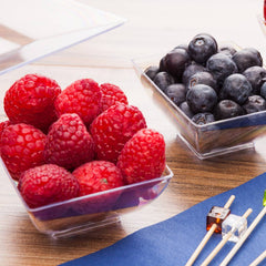 Mini Serve 100 3 oz Rectangle Clear Plastic Small Architetto Bowls and 100 Silver Plastic 4