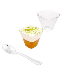 Mini Serve 100 4 oz Square Clear Plastic Bellissima Tasting Cups and 100 Silver Plastic 4
