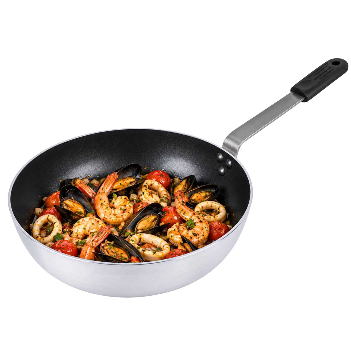 Met Lux 1 Aluminum 11" Induction Ready Deep Fry Pan and 1 Black Silicone Pan Handle Sleeve