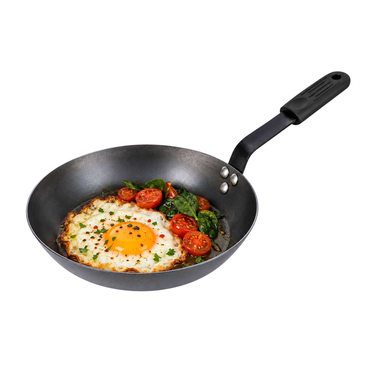 Met Lux 1 Black Carbon Steel 9" Pre-Seasoned Fry Pan and 1 Black Silicone Pan Handle Sleeve