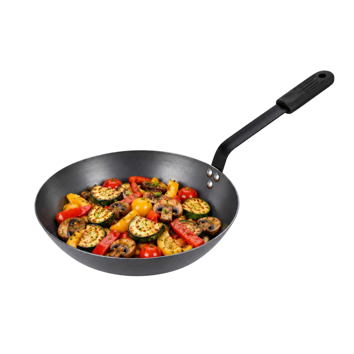 Met Lux 1 Black Carbon Steel 10" Pre-Seasoned Fry Pan and 1 Black Silicone Pan Handle Sleeve