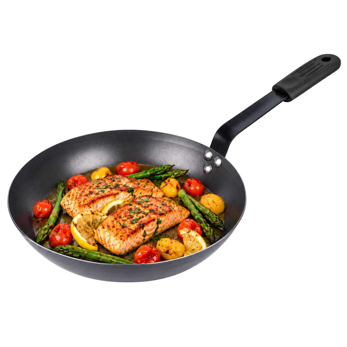 Met Lux 1 Black Carbon Steel 11" Pre-Seasoned Fry Pan and 1 Black Silicone Pan Handle Sleeve