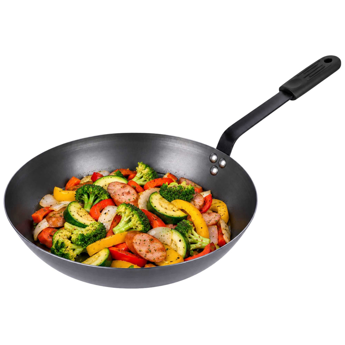 Met Lux 1 Black Carbon Steel 12" Pre-Seasoned Fry Pan and 1 Black Silicone Pan Handle Sleeve