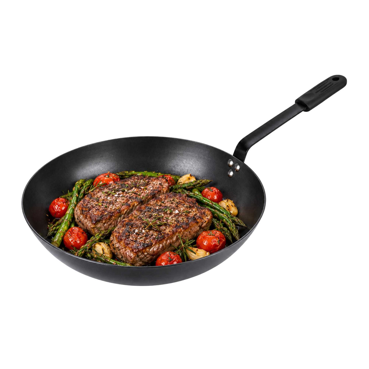 Met Lux 1 Black Carbon Steel 13" Pre-Seasoned Fry Pan and 1 Black Silicone Pan Handle Sleeve
