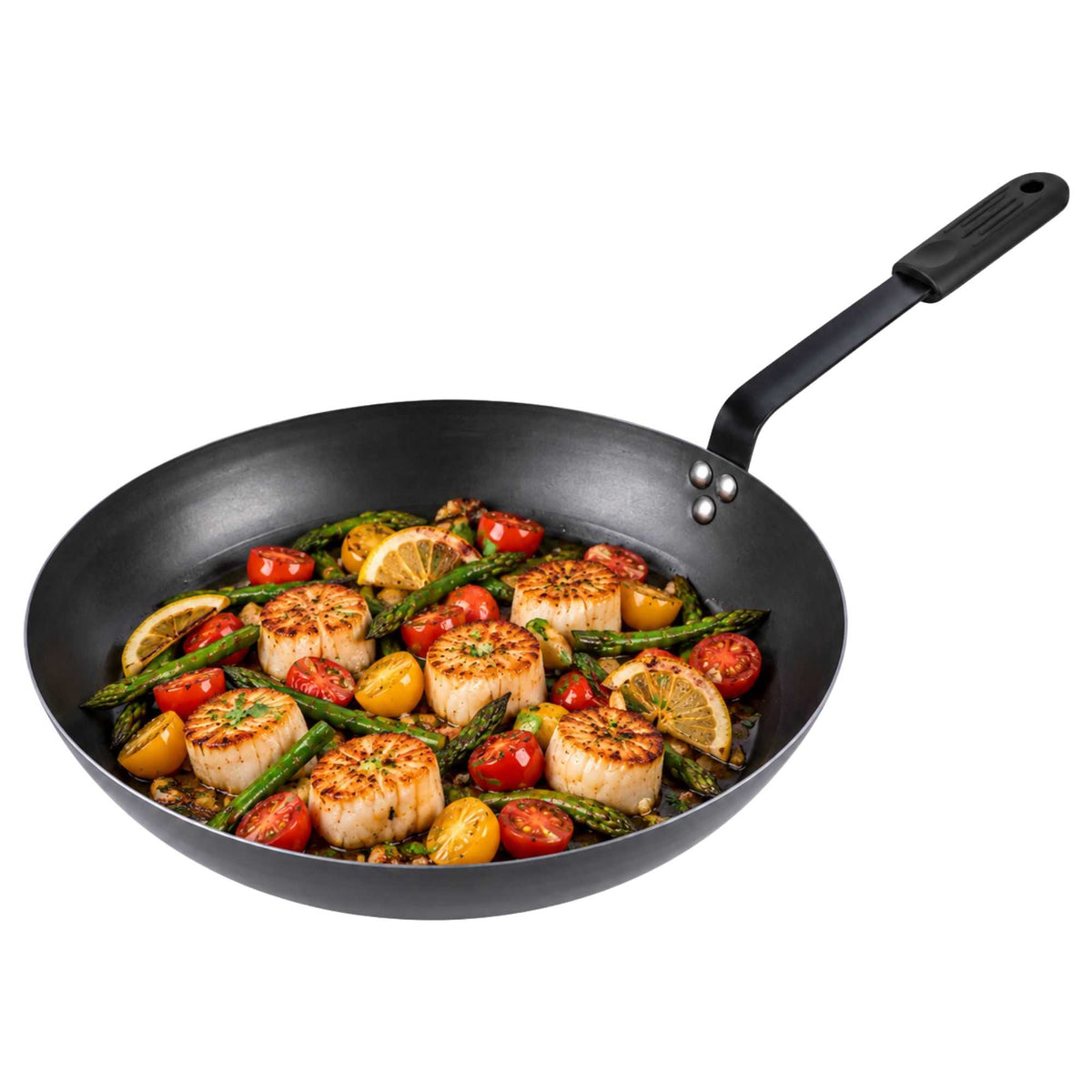 Met Lux 1 Black Carbon Steel 14" Pre-Seasoned Fry Pan and 1 Black Silicone Pan Handle Sleeve