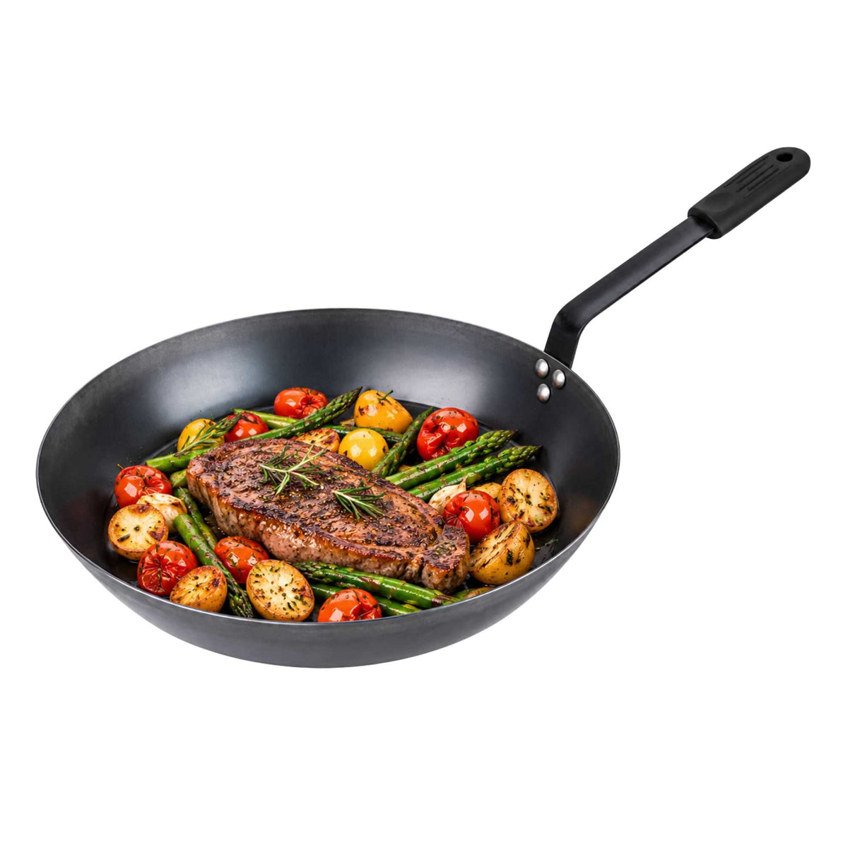 Met Lux 1 Black Carbon Steel 16" Pre-Seasoned Fry Pan and 1 Black Silicone Pan Handle Sleeve